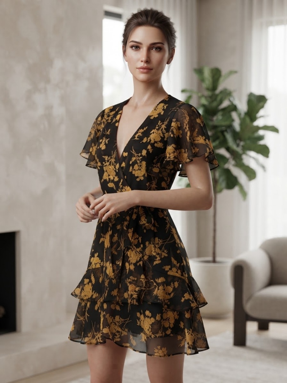 Princess Polly Black Mustard Floral Wrap Ruffle Angel Sleeve Ina Mini Dress Sz 0